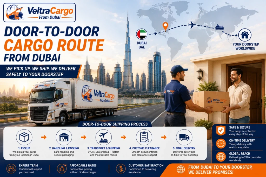 Door-to-Door Cargo Route from Dubai is ki photo bana do